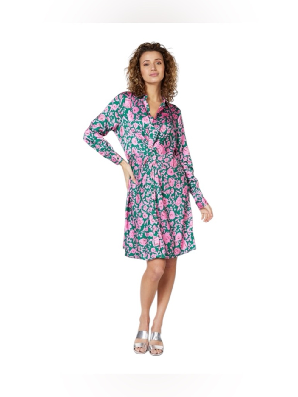 Esqualo Shimmer Rose Floral Green Pink Knot Dress Long Sleeve 6 NWT